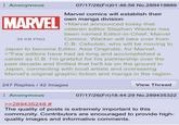 Anonymous MARVEL 39 KB PNG 07/17/26(Fri)01:46:56 No.289419889 Marvel comics will establish their own manga division >Marvel announced today that veteran editor Stephen Wacker has been named Editor-in-Chief, Marvel Comics. Wacker will take over from C.B. Cebulski, who will be moving to Japan to become Editor, Asia Originals, for Marvel. >"Few editors have had as long and accomplished a career as C.B. I'm grateful for his partnership over the past decade and thrilled that he'll be on the ground in Japan, connecting with local artists and overseeing Marvel's original graphic fiction and manga in the region. 247 Replies/42 Images Anonymous View Thread 07/17/26(Fri)18:44:29 No.289435322 >>289435248 # The quality of posts is extremely important to this community. Contributors are encouraged to provide high- quality images and informative comments.