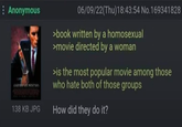Anonymous AMERICAN PSYCHO 138 KB JPG 06/09/22(Thu)18:43:54 No.169341828 >book written by a homosexual >movie directed by a woman >is the most popular movie among those who hate both of those groups How did they do it?