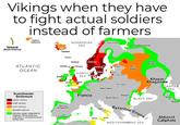 Vikings when they have to fight actual soldiers instead of farmers Vinland (North America) Extern Settlement NORWEGIAN SEA Iceland Faroes ATLANTIC OCEAN Hebrides Scandinavian Settlement eighth century ninth century tenth century eleventh century denotes areas subjected to frequent Viking raids but with ittle or no Scandinavian settlement Shetland Nornsy Orkney NORTH SEA De Ireland Wales England Iberian Kingdoms Normandy Francia Firms Pormia (Bjarmland) Chuds Rus States Sweden Skane Lulla al Andalus Africa East Slav West Slavs South Slavs Bulgars دواني Bulgars Khazar Khaganate CASPIAN SEA Shirvia BLACK SEA Daylami Italy Sialy Byzantine Empire MEDITERRANEAN SEA Abbasid Caliphate