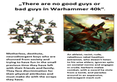 ,,There are no good guys or bad guys in Warhammer 40k" Motherless, destitute, neurodivergent boys who are shunned from society and trying to have fun in the small precious time they have left with their friends and family. They face discrimination for their physical attributes and must make do with the scraps they have. An ableist, racist, rude, rebellious rebel heathen extremist, who doesn't listen to his wise elders, ignores spits on societal norms and engages in crude, barbaric melee combat, with a sword he stole from a tomb, and parades around in an expensive, extravagant mech suit