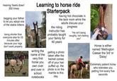 hearing 'heels down' 300 times begging your father to let you adopt one of the stable kittens Learning to horse ride Starterpack having hot chocolate in the tack room while the adults discuss your the riding progress being shorter than everyone else for 20 minutes after because your legs don't work properly writing the name of the very first horse you own over and over in school notebooks instructor has "He isn't being probably taught naughty, he's testing your family for 40 years getting a photo taken after the helmet comes off of your hair puffed up. the photo is on the Imantle to this day. you" Horse is either named 'Wellington Caesar the 3rd' or 'Daisy' Extremely patient horse who tolerates you petting him every five seconds