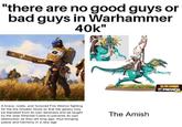 "there are no good guys or bad guys in Warhammer 40k" A brave, noble, and honored Fire Warrior fighting for the the Greater Good so that the galaxy may be liberated from its own darkness and be taught by the wise Ethereal Caste to prevents its own destruction as they did long ago, thus bringing peace and harmony in a new age The Amish THE BIG SUMMER PREVIEW SHOW