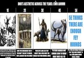 1E BECAUSE ONE DOG AIN'T ENOUGH AND TWO IS TOO LOW! BUT, ALSO, WE'RE NOT DOING THREE BECAUSE THE BROTHERHOOD ARE A BUNCH OF PARAMILITARY SELF-RIGHTEOUS ASSHOLES. IT'S FOUR DOG! DND'S AESTHETIC ACROSS THE YEARS: CŴN ANNWN 2E HAVE YOU CONSIDERED THAT IF YOU DON'T TEAR ME TO SHREDS, YOU'LL RECEIVE THIS FINE BOWL? 3E POOR GUYS LOOK LIKE THEY HAVEN'T HAD A WILD HUNT FOR WEEKS! FEED YOUR HOUNDS, DUDE! 4E "PSYCHIC BADGER DOG" COMING SOON TO FRIDAY NIGHT MUST-SEE-TV! 5E 5E THINKS THERE ARE ENOUGH FEY HOUNDS YES, THESE ARE USUALLY REFERRED TO AS "WILD HUNT HOUNDS" IN D&D. CWN ANNWN SOUNDS COOLER, THOUGH
