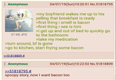 Anonymous 37 KB JPG 04/07/19(Sun)10:20:51 No.51818795 >my boyfriend wakes me up to his yelling that breakfast is ready >first thing i smell is bacon >first thing i see is him >i get up and out of bed to quickly go to the bathroom >take my medication >turn around, bf is gone >go to kitchen, start frying some bacon >>51818809 # Anonymous >>51818795 # 04/07/19(Sun)10:22:02 No.51818809 spoopy story, now I want bacon too