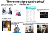 "The summer after graduating school" looking up jobs, colleges or other things to do going forward starterpack buying supplies for what youre doing going forward THE ULTIMATE LIFESKILLS CHECKLIST for today's young adults Avatar eS Your lifestyle until you can find a job or college Understand Schecke anape Send apramod Fornand Ma Changesight Harga poure Send mail from the Post once you rate dearing Change air fibers in a use are sorgusher Wesley Undog a drain Drappes in a tw Wash ndry Sevaluan Grocery shop food safety Follow a recipe Checcan score HIKIKOMORI You realise you're becoming an adult vesakty Open a cheanga Moke alege pue Understand mem Start an emergency f Crea Apyra Proser Tipping Tuvit be plane if youre lucky like me you might go to a sorting out your school stuff Nostalgia hitting hard college with some of your high school friends and bininng most of it Unfortunately, the clock is ticking the hours are going by The past increases, the future recedes Possibnities decreasing, regret mounting Do you understand? Understand remain ignorant alamy