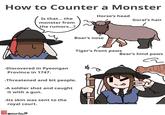 How to Counter a Monster Horse's head Is that... the Goral's hair monster from the rumors...? -Discovered in Pyeongan Province in 1747. -Threatened and bit people. -A soldier shot and caught it with a gun. -Its skin was sent to the royal court. omoriko38 Boar's nose Tiger's front paws Bear's hind paws