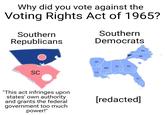 Why did you vote against the Voting Rights Act of 1965? Southern Republicans Southern Democrats SC AR LA AL MS GA FL "This act infringes upon states' own authority and grants the federal government too much power!" [redacted] NC