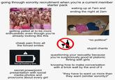 going through sorority recruitment when you're a current member starter pack waking up at 7am and getting yelled at to be more enthusiastic even though you're already looking like this cheek pain from all the forced smiles ending the night at 2am "no politics!" stupid chants Social battery low. secret powerpoint presentation with social media photos and pros/cons about every girl questioning your sexuality because you're suspiciously good at platonic flirting with girls knowing how to make conversation with a brick wall by the end of it "they have to want us more than they want (similar sorority)!"