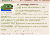 Anonymous Job Greentexts 225 KB PNG 10/23/17(Mon)23:27:58 No.40623659 This happened last night. >Get job at McDonalds, need cash >Work in the back arranging the meals >qt 3.14 comes in with-8 yo daughter, asks for a chicken nugget Happy Meal >daughter is really polite to casier, says please and everything > throw in an extra nugget because of her kindness >few mins later, manager tells me to mop a spill >its right next to the mom and her daughter >evesdrop on them >"Mommy look, the people in the back gave me an extra nugget, why?" >mom replies, "Its because they're dumb enough to work here that they cant count" >mfw >mom and daughter laugh while I walk away Why are people so unappreciative?