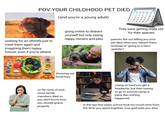 POV:YOUR CHILDHOOD PET DIED (and you're a young adult) July 2026 29 30 12 5 6 7 8 9 10 11 12 13 14 15 16 17 19 20 21 22 23 24 26 27 28 29 30 31 18 25 wishing for an afterlife just to meet them again and imagining them happy forever, even if you're atheist going online to distract yourself but only seeng happy owners and pets They were getting really old for their species parents flat out telling you your pet died when you weren't there (instead of "going to a farm upstate") throwing out food/toys so far none of your close family members died so you don't know how you should grieve properly crying so hard you get a headache, but then having to go to school/camp/a party like nothing happened in the last few years school took too much time from the time you spent together, now guilt eats you alive