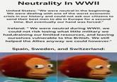 Neutrality In WWII United States: "We were neutral in the beginning. We were dealing with one of the worst economic crisis in our history and could not ask our citizens to send their best men to die in Europe for a second time. But eventually our hand was forced." Ireland: "We were neutral during WWII. we could not risk losing what little military we had,draining our limited resources, and leaving ourselves vulnerable to the British. We still helped the Allies anyway we could however." Spain, Sweden, and Switzerland: