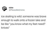 slate @PleaseBeGneiss ice skating is wild. someone was brave enough to walk onto a frozen lake and be like "you know what my feet need? knives"