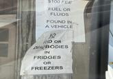 $100 FEE FUEL OR FLUIDS FOUND IN A VEHICLE 10 FOOD OR DEAD BODIES IN FRIDGES OR FREEZERS