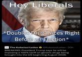 Hey Liberals T *Doubles Drug Prices Right Before an Election* TKL The Kobeissi Letter ⭑@Kobeissi Letter - 20h BREAKING: President Trump says he will be imposing a 100% tariff on generic drugs being brought into the US beginning August 2028.