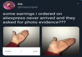 iris @irispompeii some earrings i ordered on aliexpress never arrived and they asked for photo evidence??? Retake Done