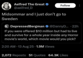 Aelfred The Great @aelfred_D Follow Midsommar and I just don't go to Sweden DepressedBergman @DannyD.... 22h If you were offered $10 million but had to live and survive for a whole year inside any Horror movie's world, which movie would you pick? • 2:20 AM - 13 Aug 25 1.9M Views 2,072 Reposts 51 Quotes 64.3K Likes