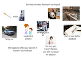 and/or MIRNOFF VODKA Mom has untreated depression starterpack usual scene family car at home NOW DIVORCE low wage job at 40 that, or your dad's a deadbeat Will negatively affect your opinion of women if you're her son You envy your friend's' families and wish you could be adopted