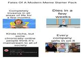 Fates Of A Modern Meme Starter Pack Completely invasive in all areas of life for a few months. 7 Dies in a few weeks Kinda niche, but some chronically-online people think it's mainstream to all of society Every company gets in on it Pinned by JellyBean YouTube 5 months ago it's not a mistake, IT'S A MASTERPIECE 118K reversagil.com Flaine Grilling Since 1954