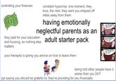 controlling your finances constant hypocrisy: one moment, they love, the next, they want you shipped off miles away from them having emotionally neglectful parents as an adult starter pack they paid for your education and housing, so nothing else matters your therapist is giving you advice on how to leave them STOP BEING UNHAPPY! THERE ARE PEOPLE NO HAVE IT WORSE THAN YOU STOP BEING UNHAPPY THERE ARE PEOPLE WHO HAVE IT WORSE THAN YOU STOP BEING UNHAPPY THERE ARE PEOPLE NO HAVE IT WORSE THAN YOU being told other people have it worse than you 24/7 ppl saying you should be grateful bc they're providing for you financially