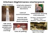 Kitchen Nightmares starterpack The menu: Chef who doesn't get to make any decisions Nobody: CVS Receipts: 20% off ve $6.00 off $2.00 off $2.00 off POVS $3.00 aff "Idk what happened people just Lack of communication Owner sits around and does nothing chef/owner leaving mid relaunch Gordon: "Is this fresh?" Waiter: "Yes" Gordon: "You're lying" 列 stopped coming" Food from months Lots of yelling ago in the fridge