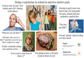 Being a vegetarian in school in america starter pack Used as one of your "two truths and a lie" during icebreakers Having to pack your own lunch since 1st/2nd grade because school only has sunbutter sandwiches "What do you eat then??" "Oh that's why you're so thin"/"good for you to be on a diet I could never omg" People constantly asking your opinion on her –> "Even [insert meat item of choice ]?" "I'm going to have a fat juicy steak in front of you" "Do you eat fish?" Friends “joking” about feeding you their lunch Vegan A diet that excludes all animal products. including meat, eggs and dairy VS Vegetarian A diet that excludes all meat but may still include eggs, dairy and other animal products