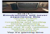 42/6/6 Emutrannies will never experience this >push button >fuse pop >crackling and sizzling slowly softening >ear violating tinnitus >lead and X-ray radiation leaking into the environment Yep it's gaming time