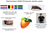 Mainstream EDM Producer starter pack This haircut Probably from one of these countries Probably in a duo with another white guy who looks the same Probably like 50 years old Only makes future bass or house Chiseled Jawline Always samples some 80s/90s song At least one image of them with a black t-shirt and a serious look