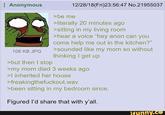12/28/18(Fri)23:56:47 No.21955037 Anonymous >be me 106 KB JPG >but then I stop >literally 20 minutes ago >sitting in my living room >hear a voice "hey anon can you come help me out in the kitchen?" >sounded like my mom so without thinking I get up >my mom died 3 weeks ago >I inherited her house >freakingthefuckout.wav >been sitting in my bedroom since. Figured I'd share that with y'all. ifunny.co