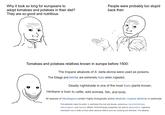 Why it took so long for europeans to adopt tomatoes and potatoes in their diet? They are so good and nutritious People were probably too stupid back then Tomatoes and potatoes relatives known in europe before 1500: The tropane alkaloids of A. bella-donna were used as poisons, The foliage and berries are extremely toxic when ingested, Deadly nightshade is one of the most toxic plants known, Henbane is toxic to cattle, wild animals, fish, and birds. All species of Mandragora contain highly biologically active alkaloids, tropane alkaloids in particular. The alkaloids make the plant, in particular the root and leaves, poisonous, via anticholinergic, hallucinogenic, and hypnotic effects. Anticholinergic properties can lead to asphyxiation. Ingesting mandrake root is likely to have other adverse effects such as vomiting and diarrhea. The alkaloid