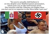 "So you're actually chill believe it or not, despite your Mediterranean persuasion, which puts you at like half human level. The Iranians and the Tibetans are higher than you but you're so superior to the Slavs babe I got you” 10 + ASTROS