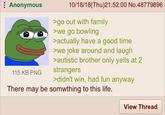 Anonymous 115 KB PNG 10/18/18(Thu)21:52:00 No.48779896 >go out with family >we go bowling >actually have a good time >we joke around and laugh >autistic brother only yells at 2 strangers >didn't win, had fun anyway There may be something to this life. View Thread