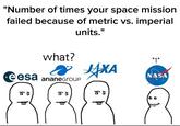 "Number of times your space mission failed because of metric vs. imperial units." what? eesa arianeGroup AXA ៩៖ 8'5 "1" NASA