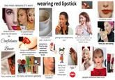 two main reasons it's worn wearing red lipstick because you are about that red lipstick life Confidence Boost for a performance or formal event trying to strike a balance between crisp application and the clown look "wow, lipstick stain...kinda chic" being told to "find the right undertone" but they all look the same to you accidental smears getting nice compliments, yay! getting the occasional comments on "vulgarity" and how "men don't like red lipstick", no yay :( how you are eating "huh, another one" its many variations globally evens out your complexion feeling a bit like a child playing in mama's makeup again "ok-" people reference them a lot RUBY WOO RETRO MATTE LIPSTICK ROUGE À LÈVRES