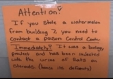 Attention! If you stole a watermelon from building 7. you need to Contact a poison Control Center a biology Immediately! It was a project and has been injected with the urine of hats on Steroids. (hence its defamity)