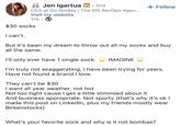 Jen Igartua in. 2nd + Follow CEO at Go Nimbly | The OG RevOps Agen... Visit my website 17h $30 socks I can't. But it's been my dream to throw out all my socks and buy all the same. I'll only ever have 1 single sock. IMAGINE I'm truly not exaggerating, I have been trying for years. Have not found a brand I love. They can't be $30 I want all year weather, not hot Not too tight cause I get a little stimmied about it And business appropriate. Not sporty (that's why it's ok I made this post on LinkedIn, plus my friends mostly wear Birkenstocks) What's your favorite sock and why is it not bombas?