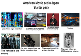American Movie set in Japan Starter pack Lots of neon signs everywhere The characters use the Shinkansen at least once (and usually fight on it) For some reason there are The Yakuza is the Ninjas in modern days enemy They meet a stoic japanese in kimono who turns to be the love interest of the MC Tuning They pass the night in a place like this. The main villian is a WW2 Japanese veteran
