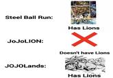 200 Steel Ball Run: JoJoLION: WAAR AAA Has Lions ✓ Doesn't have Lions JOJOLands: Has Lions