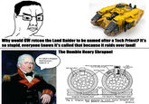 Why would GW retcon the Land Raider to be named after a Tech Priest? It's so stupid, everyone knows it's called that because it raids over land! It's called a Shrapnel Shell because I made it! :3 The Humble Henry Shrapnel Sheet-iron diaphragm separating bullets from bursting charge Soft lead bullets Hard lead-antimony bullets Bursting charge Wooden Sabot Rivet Original Shrapnel shell Fig. 2. Col. Boxer's "Diaphragm shell" Original Shell designed by Lieut. Henry Shrapnel and Col. Boxer's Improvement Machinery