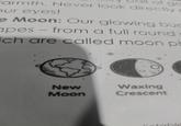 of go armth. Never look directly our eyes! e Moon: Our glowing buc apes - from a full round ich are called moon ph New Moon Waxing Crescent