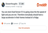 Showerthoughts + Join reddit Posted by mothh9 6 days ago You can store food forever if it is going close the the speed of light and you are not. Therefore everybody should have a large accelerator in their homes instead of a fridge. 3.9K upvotes Comment Copy link View 134 comments