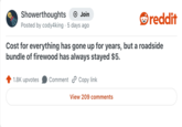 Showerthoughts + Join reddit Posted by cody4king 5 days ago Cost for everything has gone up for years, but a roadside bundle of firewood has always stayed $5. 1.8K upvotes Comment Copy link View 209 comments