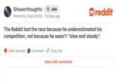 Showerthoughts + Join Posted by Zaylyn5355 16 days ago reddit The Rabbit lost the race because he underestimated his competition, not because he wasn't "slow and steady". 4.8K upvotes Comment Copy link View 348 comments