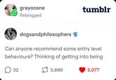 grayocene Reblogged tumblr dogsandphilosophers Can anyone recommend some entry level behaviours? Thinking of getting into being ☐ 32 ☑3,686 5,077