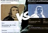 Public Universal Friend American preacher Private Local Enemy American preacher Source: Yahoo Born Died November 29, 1752 Ju Cumberland, RI Je Overview The Public Universal Friend was rce: Yahoo Born Died November 29, 1752 July 1, 1 Cumberland, RI Jerusalem, Overview The Private Local Enemy was an America born in Cumberland, Rhode Island, to Quak