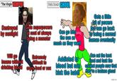 "The Virgin VAMPIRE THE CHAD GHOUL Destroyed by sunlight Will go Tu insane without drinking blood Gets superpowers at cost of always being a monster Extremely difficult to enjoy food or sex Can go into! the sun as much as they want Addicted to blood but can kick the habit Gets a little bit of powers but can go back to being a normal human eventually Can eat the best food and f--- the coolest people now that they're a badass ghoul imgflip.com