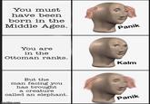 You must have been born in the Middle Ages. You are in the Ottoman ranks. But the man facing you has brought a creature called an elephant. imgflip.com Panik Kalm Panik
