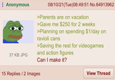 Anonymous 37 KB JPG 08/10/21(Tue)08:49:51 No.64913962 >Parents are on vacation >Gave me $250 for 2 weeks >Planning on spending $1/day on ravioli cans >Saving the rest for videogames and action figures Can I make it? 15 Replies/2 Images View Thread