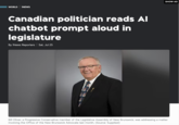 WORLD INEWS Canadian politician reads Al chatbot prompt aloud in legislature By 1News Reporters | Sat, Jul 25 SHOW AD Bill Oliver, a Progressive Conservative member of the Legislative Assembly of New Brunswick, was addressing a matter involving the Office of the New Brunswick Advocate last month. (Source: Supplied)
