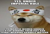 YES. UNDER IMPERIAL RULE 忍 者 TAIWANESE WOMEN SHOULD STOP BINDING THEIR FEET AND START WEARING SANDALS INSTEAD. imgflip.com