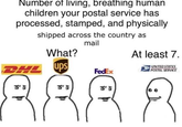 Number of living, breathing human children your postal service has processed, stamped, and physically shipped across the country as mail What? At least 7. PHL Ups UNITED STATES FedEx POSTAL SERVICE